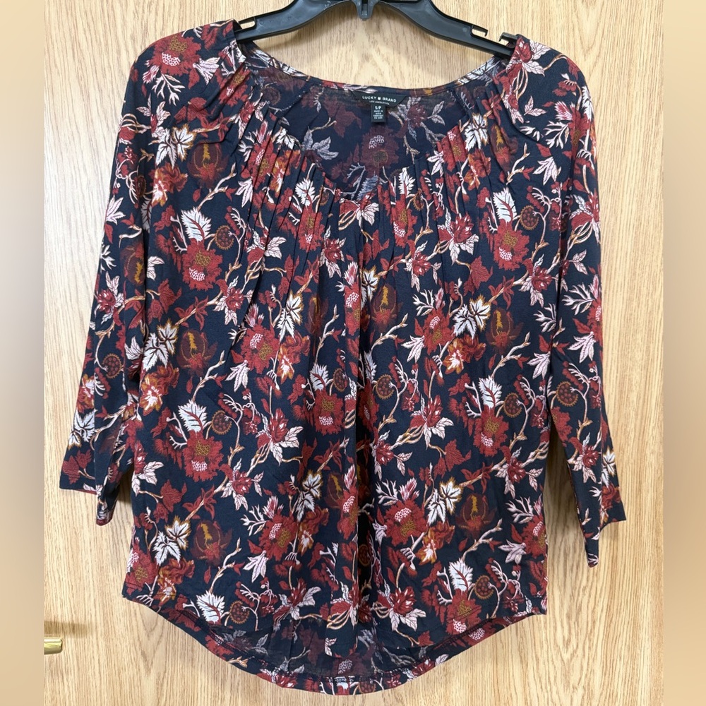 Lucky Brand Navy Blue/Red Floral Print Cotton 3/4 Sleeve Top